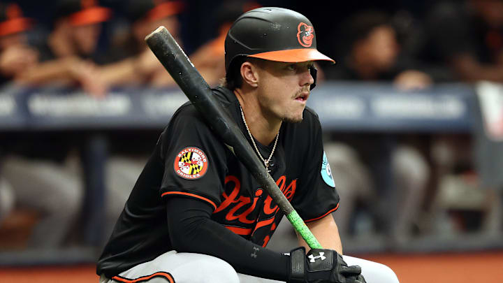 Aug 11, 2024; St. Petersburg, Florida, USA;  Baltimore Orioles first base Ryan Mountcastle (6) looks on while on deck to bat against the Tampa Bay Rays during the first inning at Tropicana Field