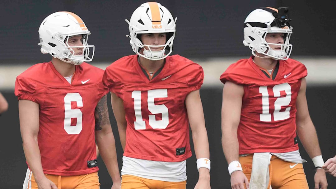 Tennessee quarterback Joey Aguilar (6), Tennessee quarterback George MacIntyre (15), and Tennessee quarterback Jake Merklinger (12) during Tennessee football preseason practice, in Knoxville, Tennessee, July 31, 2025.