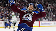 Mar 25, 2025; Denver, Colorado, USA; Colorado Avalanche left wing Gabriel Landeskog (92) celebrates his goal in the second period against the Dallas Stars at Ball Arena. Mandatory Credit: Ron Chenoy-Imagn Images