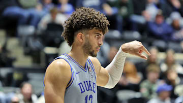 Nov 11, 2025; West Point, New York, USA; Duke basketball forward Cameron Boozer (12) gestures during the second half against the Army Black Knights at Christl Arena.