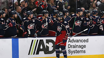 Dec 23, 2024; Columbus, Ohio, USA; Columbus Blue Jackets right wing Kirill Marchenko (86) celebrates his goal against the Montreal Canadiens during the third period at Nationwide Arena. Mandatory Credit: Russell LaBounty-Imagn Images