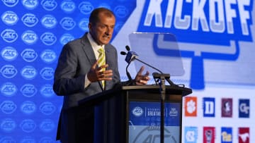 Jul 22, 2024; Charlotte, NC, USA; ACC commissioner Jim Phillips speaks to the media during ACC Kickoff at Hilton Charlotte Uptown. Mandatory Credit: Jim Dedmon-USA TODAY Sports