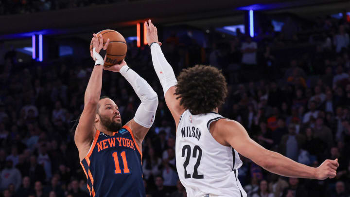 Apr 12, 2024; New York, New York, USA; New York Knicks guard Jalen Brunson (11) shoots the ball against Brooklyn Nets forward Jalen Wilson (22) during the second half at Madison Square Garden. Mandatory Credit: Vincent Carchietta-USA TODAY Sports