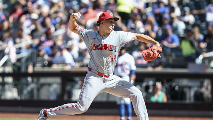 Sep 8, 2024; New York City, New York, USA;  Cincinnati Reds starting pitcher Julian Aguiar (39) pitches in the first inning against the New York Mets at Citi Field. Mandatory Credit: Wendell Cruz-Imagn Images