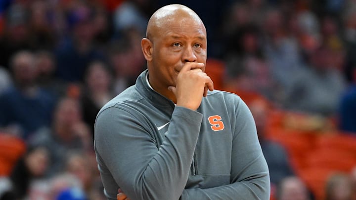 Mar 7, 2026; Syracuse, New York, USA; Syracuse Orange head coach Adrian Autry looks on during the second half against the Pittsburgh Panthers at the JMA Wireless Dome. Mandatory Credit: Rich Barnes-Imagn Images