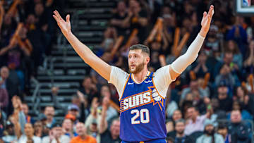 Nov 2, 2024; Phoenix, Arizona, USA;  Phoenix Suns center Jusuf Nurkic (20) reacts after hitting a three point shot in the second half during a game against the Portland Trail Blazers at Footprint Center. Mandatory Credit: Allan Henry-Imagn Images