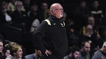 Feb 26, 2025; Winston-Salem, North Carolina, USA; Wake Forest Demon Deacons head coach Steve Forbes during the first half against the Virginia Cavaliers at Lawrence Joel Veterans Memorial Coliseum. Mandatory Credit: Jim Dedmon-Imagn Images