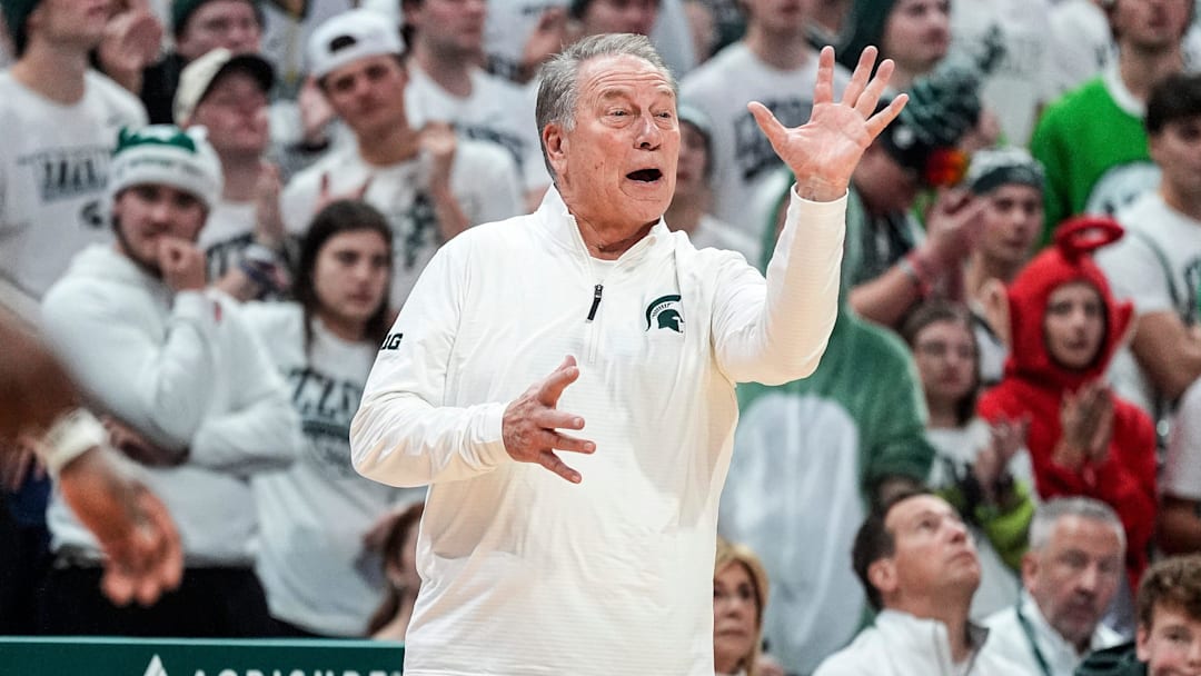 Michigan State head coach Tom Izzo reacts to a play against Duke during the second half at Breslin Center in East Lansing on Saturday, Dec. 6, 2025.
