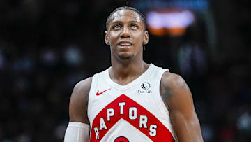 Oct 17, 2025; Toronto, Ontario, CAN; Toronto Raptors forward/guard RJ Barrett (9) looks on against the Brooklyn Nets during the second half at Scotiabank Arena. Mandatory Credit: Kevin Sousa-Imagn Images