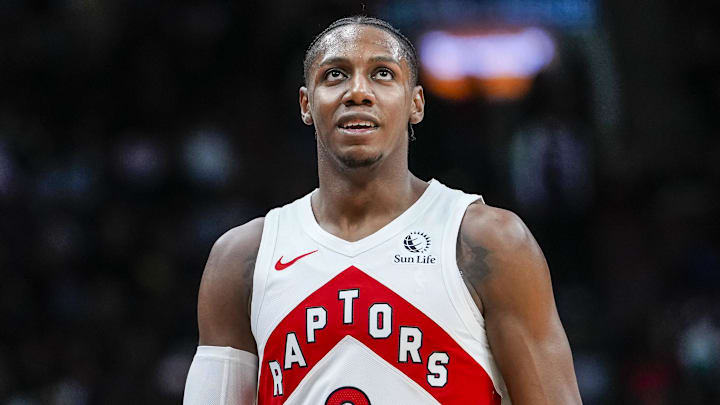 Oct 17, 2025; Toronto, Ontario, CAN; Toronto Raptors forward/guard RJ Barrett (9) looks on against the Brooklyn Nets during the second half at Scotiabank Arena. Mandatory Credit: Kevin Sousa-Imagn Images