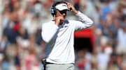 Oct 11, 2025; Oxford, Mississippi, USA; Mississippi Rebels head coach Lane Kiffin looks on during the third quarter against the Washington State Cougars at Vaught-Hemingway Stadium. Mandatory Credit: Petre Thomas-Imagn Images