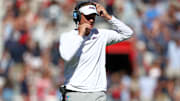 Oct 11, 2025; Oxford, Mississippi, USA; Mississippi Rebels head coach Lane Kiffin looks on during the third quarter against the Washington State Cougars at Vaught-Hemingway Stadium. Mandatory Credit: Petre Thomas-Imagn Images