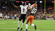 Nov 16, 2025; Cleveland, Ohio, USA; Baltimore Ravens cornerback Chidobe Awuzie (3) breaks up a pass intended for Cleveland Browns wide receiver Gage Larvadain (84) during the fourth quarter at Huntington Bank Field. Mandatory Credit: Scott Galvin-Imagn Images