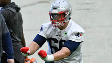 May 9, 2025; Foxborough, MA, USA; New England Patriots offensive tackle Will Campbell (66) practices during rookie camp at Gillette Stadium. Mandatory Credit: Eric Canha-Imagn Images