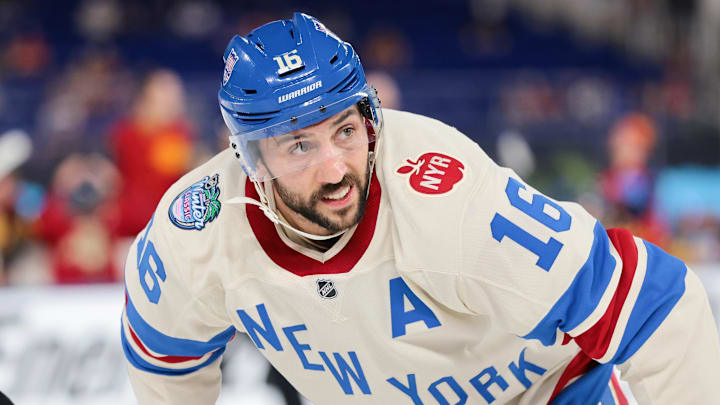 Jan 2, 2026; Miami, Florida, USA; New York Rangers center Vincent Trocheck (16) waits for a faceoff against the Florida Panthers during the third period during the third period in the 2026 Winter Classic ice hockey game at loanDepot Park. Mandatory Credit: Sam Navarro-Imagn Images