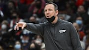 Jan 1, 2022; Washington, District of Columbia, USA; Chicago Bulls coach Chris Fleming gestures against the Washington Wizards during the second half at Capital One Arena. Mandatory Credit: Brad Mills-Imagn Images