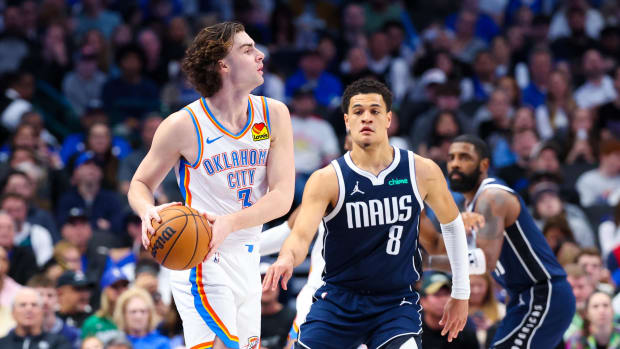 Feb 10, 2024; Dallas, Texas, USA; Oklahoma City Thunder guard Josh Giddey (3) looks to pass as