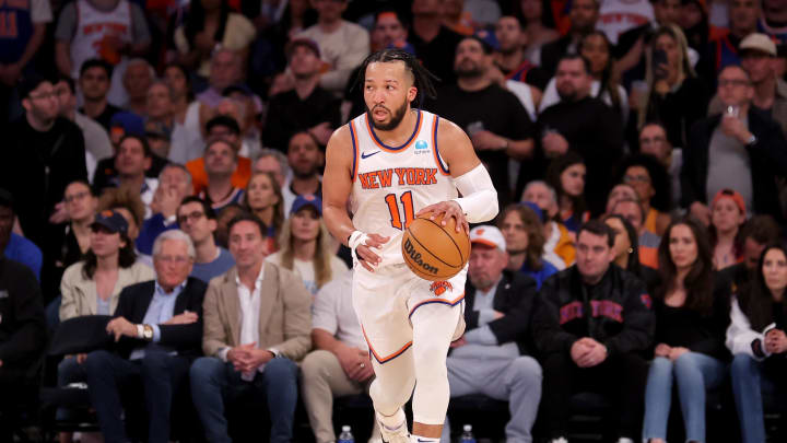 May 19, 2024; New York, New York, USA; New York Knicks guard Jalen Brunson (11) brings the ball up court against the Indiana Pacers during the third quarter of game seven of the second round of the 2024 NBA playoffs at Madison Square Garden. Mandatory Credit: Brad Penner-USA TODAY Sports