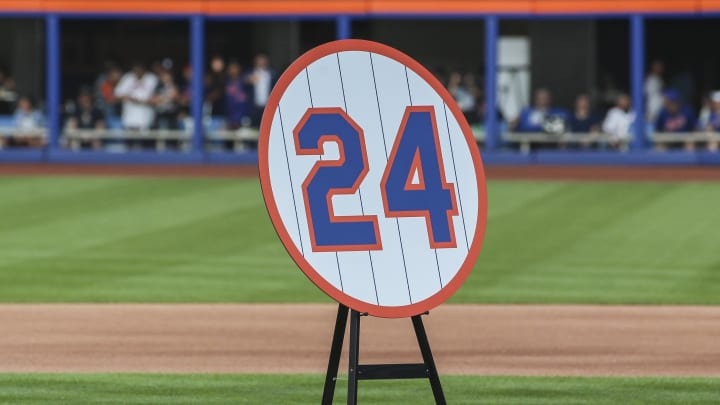 Aug 27, 2022; New York City, New York, USA;  The New York Mets retired the number 24 for former Major League Baseball player Willie Mays at their Old Timers Day game at Citi Field. Mandatory Credit: Wendell Cruz-USA TODAY Sports