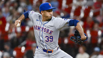 May 6, 2024; St. Louis, Missouri, USA;  New York Mets relief pitcher Edwin Diaz (39) pitches against the St. Louis Cardinals at Busch Stadium. 