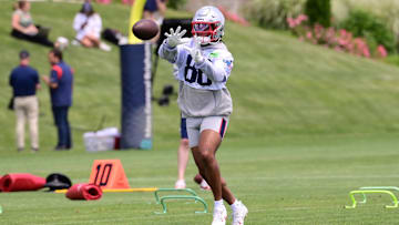 Jun 10, 2024; Foxborough, MA, USA;  New England Patriots wide receiver Kawaan Baker (86) makes a catch at minicamp at Gillette Stadium. Mandatory Credit: Eric Canha-Imagn Images