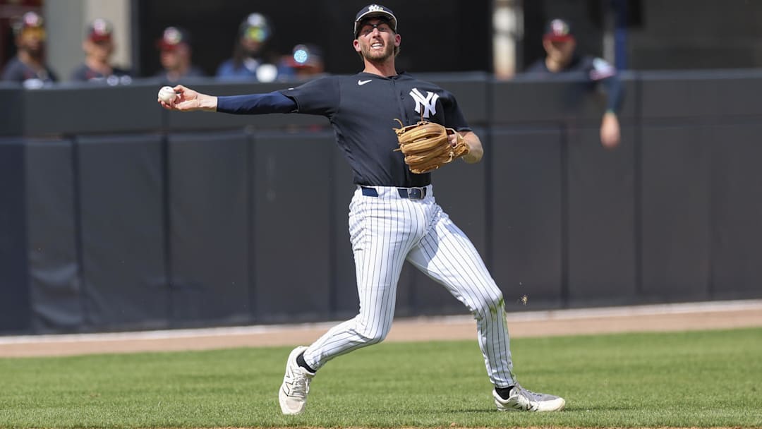 Mar 5, 2026; Tampa, Florida, USA; New York Yankees shortstop Ryan McMahon (19) throws to first against the Minnesota Twins in the fourth inning during spring training at George M. Steinbrenner Field. Mandatory Credit: Nathan Ray Seebeck-Imagn Images Mar 5, 2026; Tampa, Florida, USA; New York Yankees shortstop Ryan McMahon (19) throws to first against the Minnesota Twins in the fourth inning during spring training at George M. Steinbrenner Field. Mandatory Credit: Nathan Ray Seebeck-Imagn Images