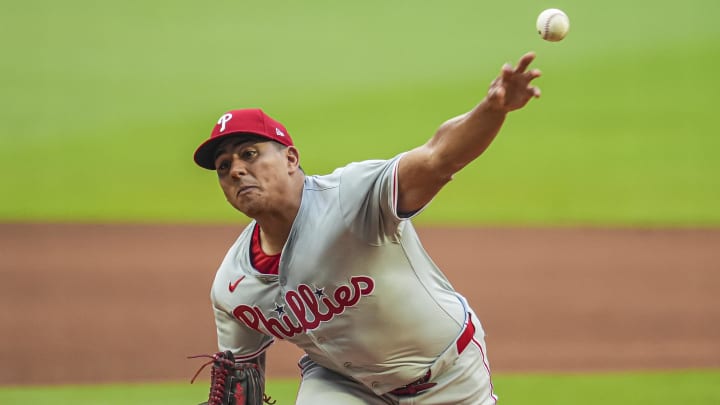 Jul 6, 2024; Cumberland, Georgia, USA; Philadelphia Phillies pitcher Ranger Suarez (55) pitches against the Atlanta Braves during the first inning at Truist Park. 