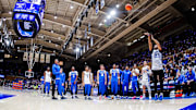 Oct 3, 2025; Durham, NC, USA; Duke Blue Devils Associate Head Coach Chris Carrawell shoots the ball during the Countdown to Craziness at the Cameron Indoor Stadium. Mandatory Credit: Jaylynn Nash-Imagn Images
