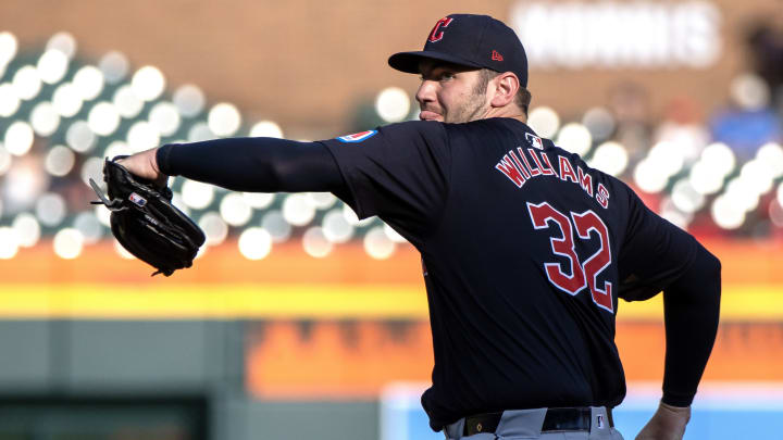 Jul 8, 2024; Detroit, Michigan, USA; Cleveland Guardians starting pitcher Gavin Williams (32) delivers in the first inning against the Detroit Tigers 