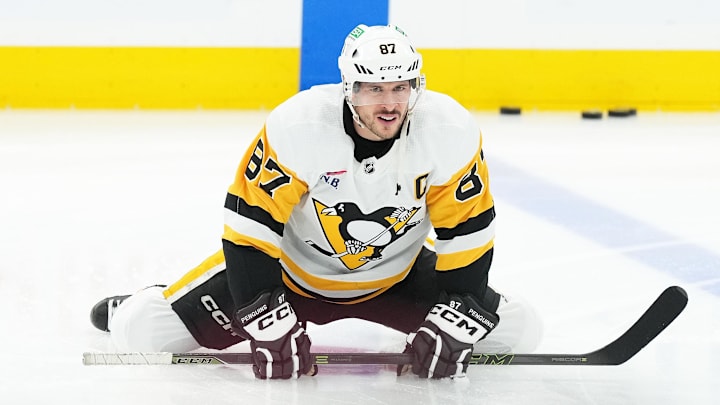 Apr 8, 2024; Toronto, Ontario, CAN; Pittsburgh Penguins center Sidney Crosby (87) stretches against the Toronto Maple Leafs during the warmup at Scotiabank Arena.