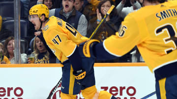 Apr 4, 2024; Nashville, Tennessee, USA; Nashville Predators right wing Michael McCarron (47) celebrates after a goal during the third period against the St. Louis Blues at Bridgestone Arena. Mandatory Credit: Christopher Hanewinckel-USA TODAY Sports