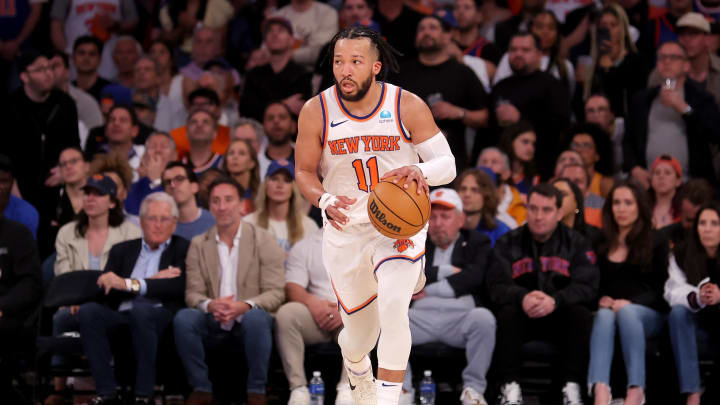 May 19, 2024; New York, New York, USA; New York Knicks guard Jalen Brunson (11) brings the ball up court against the Indiana Pacers during the third quarter of game seven of the second round of the 2024 NBA playoffs at Madison Square Garden. Mandatory Credit: Brad Penner-USA TODAY Sports