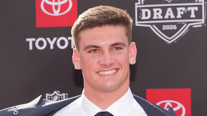 Apr 23, 2026; Pittsburgh, PA, USA; Alabama Crimson Tide quarterback Ty Simpson poses on the red carpet before the 2026 NFL Draft at Point State Park. Mandatory Credit: Kirby Lee-Imagn Images