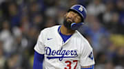 Los Angeles Dodgers right fielder Teoscar Hernandez reacts after a fly out.
