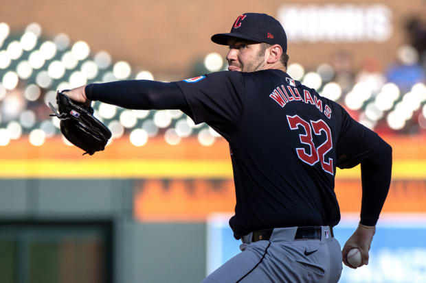 Cleveland Guardians starting pitcher Gavin Williams delivers in the first inning against Detroit Tigers