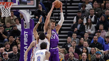 Jan 18, 2024; Salt Lake City, Utah, USA;  Utah Jazz center Walker Kessler (24) grabs the rebound
