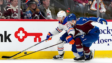 Edmonton Oilers right wing Connor Brown (28) and Colorado Avalanche defenseman Devon Toews (7)