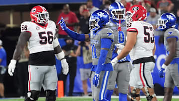 Kentucky’s Zion Childress celebrates against Georgia Saturday night at Kroger Field.
Sept. 14, 2024