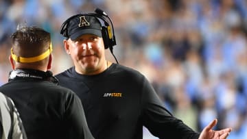 Sep 9, 2023; Chapel Hill, North Carolina, USA; Appalachian State Mountaineers head coach Shawn Clark in the fourth quarter at Kenan Memorial Stadium. Mandatory Credit: Bob Donnan-USA TODAY Sports