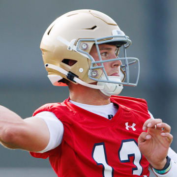 Notre Dame quarterback Riley Leonard throws the ball during a Notre Dame football practice at Irish Athletic Center on Wednesday, July 31, 2024, in South Bend.