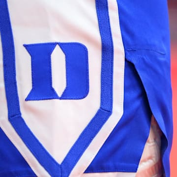 Feb 5, 2025; Syracuse, New York, USA; Detailed view of the Duke Blue Devils logo on a uniform prior to the game against the Syracuse Orange at the JMA Wireless Dome. Mandatory Credit: Rich Barnes-Imagn Images