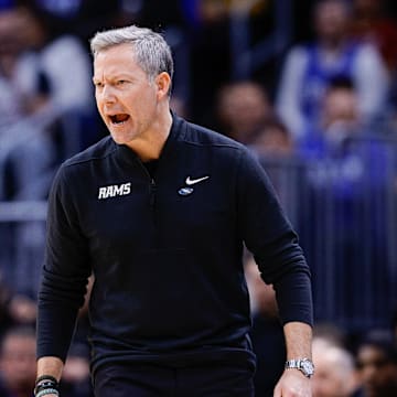 Mar 20, 2025; Denver, CO, USA; VCU Rams head coach Ryan Odom reacts during the first half against the Brigham Young Cougars in the first round of the NCAA Tournament at Ball Arena. Mandatory Credit: Isaiah J. Downing-Imagn Images