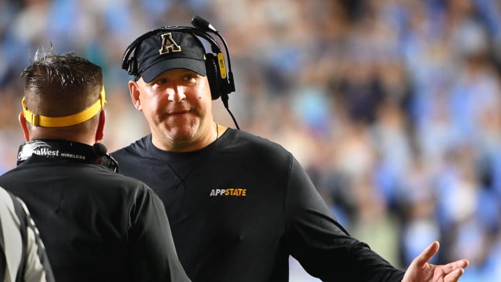 Sep 9, 2023; Chapel Hill, North Carolina, USA; Appalachian State Mountaineers head coach Shawn Clark in the fourth quarter at Kenan Memorial Stadium. Mandatory Credit: Bob Donnan-USA TODAY Sports