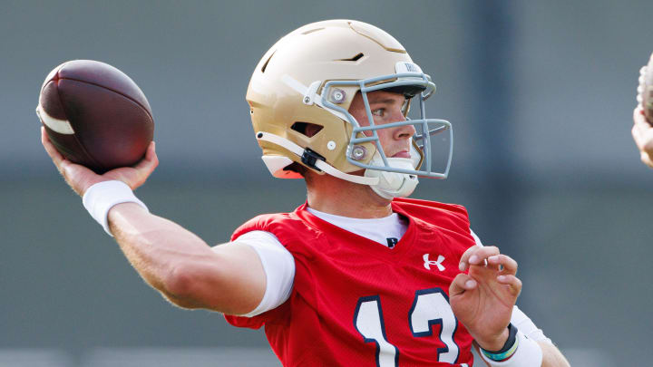 Notre Dame quarterback Riley Leonard throws the ball during a Notre Dame football practice at Irish Athletic Center on Wednesday, July 31, 2024, in South Bend.