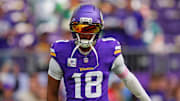 Oct 19, 2025; Minneapolis, Minnesota, USA; Minnesota Vikings wide receiver Justin Jefferson (18) warms up before the game against the Philadelphia Eagles at U.S. Bank Stadium.