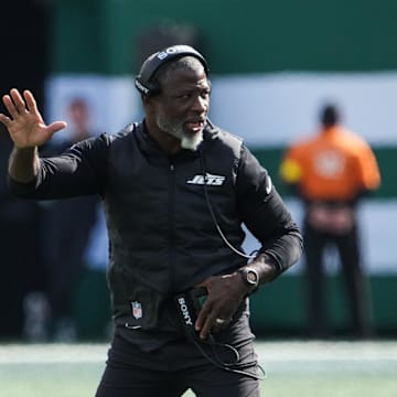 Oct 19, 2025; East Rutherford, New Jersey, USA; New York Jets head coach Aaron Glenn reacts in the first quarter against the Carolina Panthers at MetLife Stadium. Mandatory Credit: Robert Deutsch-Imagn Images