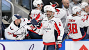 Dec 28, 2024; Toronto, Ontario, CAN;  Washington Capitals forward Alex Ovechkin (8) celebrates with goalie Charlie Lindgren (79) at the bench after scoring against the Toronto Maple Leafs in the third period at Scotiabank Arena. Mandatory Credit: Dan Hamilton-Imagn Images