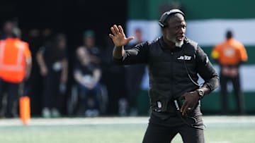 Oct 19, 2025; East Rutherford, New Jersey, USA; New York Jets head coach Aaron Glenn reacts in the first quarter against the Carolina Panthers at MetLife Stadium. Mandatory Credit: Robert Deutsch-Imagn Images