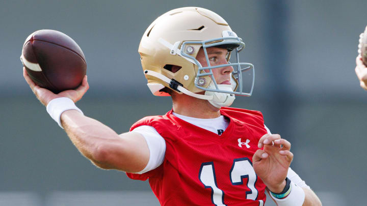 Notre Dame quarterback Riley Leonard throws the ball during a Notre Dame football practice at Irish Athletic Center on Wednesday, July 31, 2024, in South Bend.