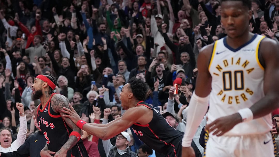 Nov 26, 2025; Toronto, Ontario, CAN; Toronto Raptors forward Scottie Barnes (4) celebrates after forward Brandon Ingram (3) scored the winning basket with 0.6 seconds on the clock against the Indiana Pacers during the fourth quarter at Scotiabank Arena. Mandatory Credit: Nick Turchiaro-Imagn Images Nov 26, 2025; Toronto, Ontario, CAN; Toronto Raptors forward Scottie Barnes (4) celebrates after forward Brandon Ingram (3) scored the winning basket with 0.6 seconds on the clock against the Indiana Pacers during the fourth quarter at Scotiabank Arena. Mandatory Credit: Nick Turchiaro-Imagn Images
